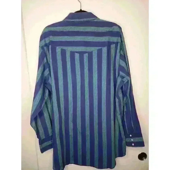 Wrangler Men's Green & Blue Striped Long‎ Sleeve Snap Button Shirt Size 17.5/37 - Picture 2 of 3